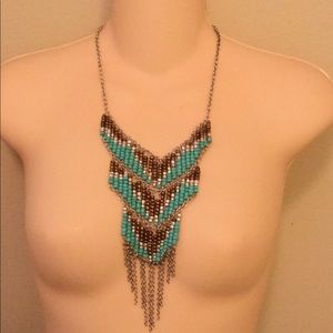 vintage beaded blue brown statement necklace
